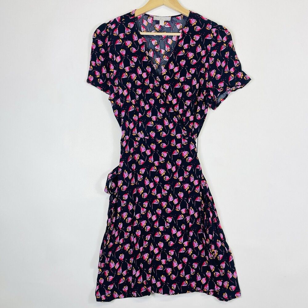 Chelsea28 Navy Wrap Midi Dress with Pink Floral Print